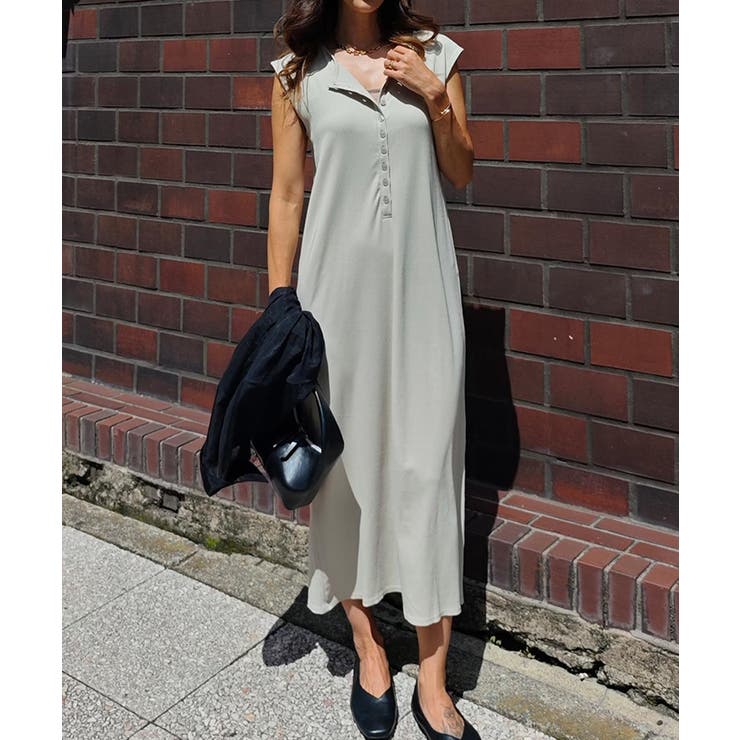 グレージュ | ヘンリーネックリブワンピースesutoreja ワンピース スタイルアップ | BUYSENSE