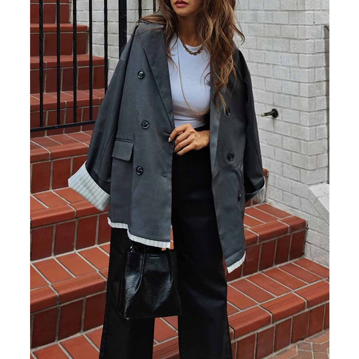 チャコール | レイヤードダブルテーラードジャケットesutoreja アウター スタイルアップ | BUYSENSE