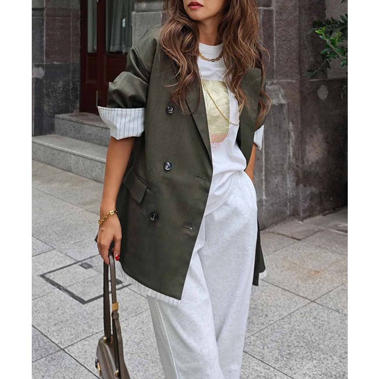 カーキ | レイヤードダブルテーラードジャケットesutoreja アウター スタイルアップ | BUYSENSE