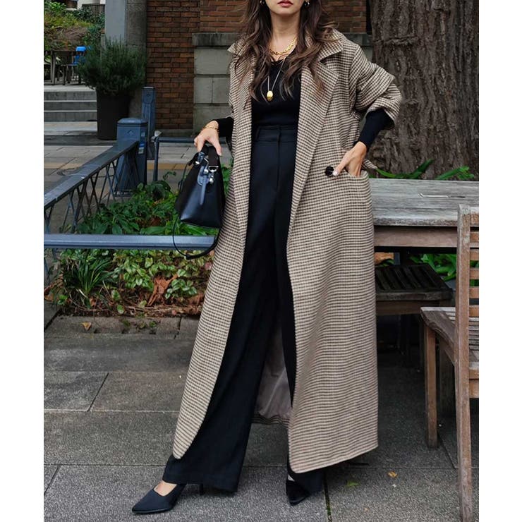 ベージュ | ガンクラブチェックロングコートesutoreja アウター スタイルアップ | BUYSENSE