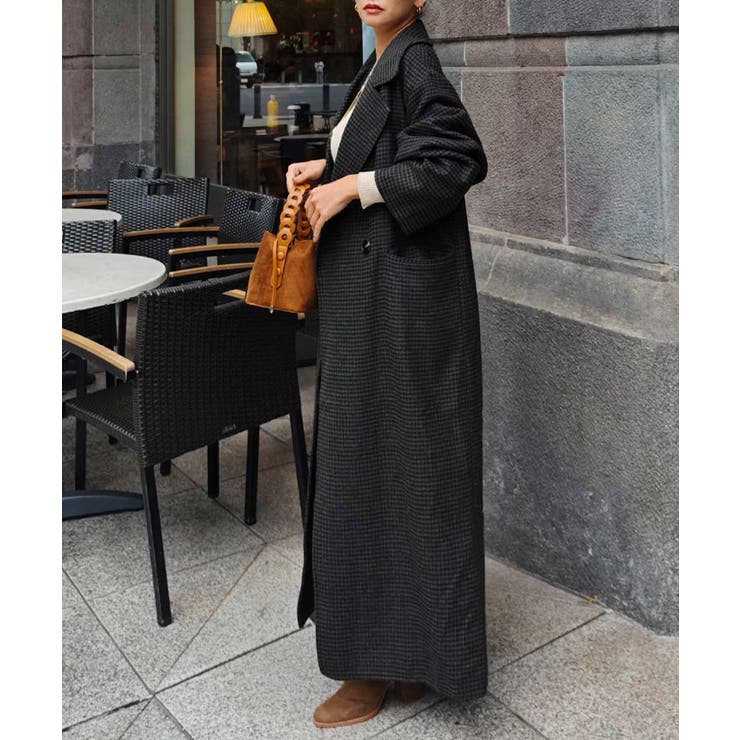 ブラック | ガンクラブチェックロングコートesutoreja アウター スタイルアップ | BUYSENSE