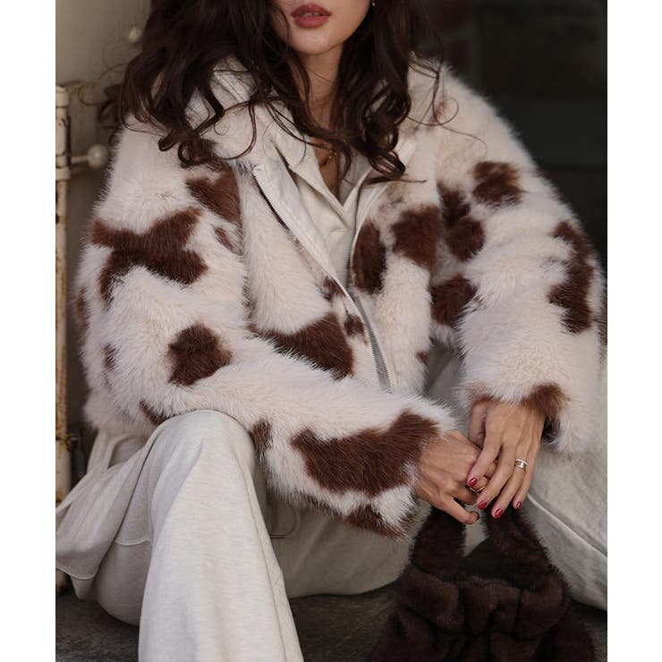 ブラウン | カウパターンファージャケットesutoreja アウター スタイルアップ | BUYSENSE