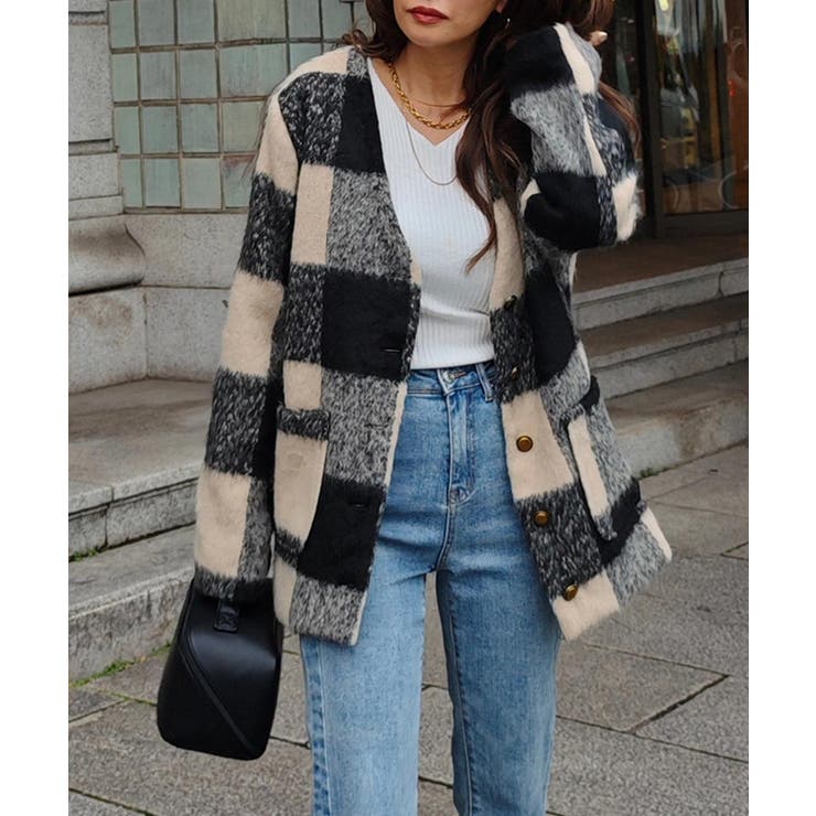 ブラック | ブロックチェックミドルコートesutoreja アウター スタイルアップ | BUYSENSE