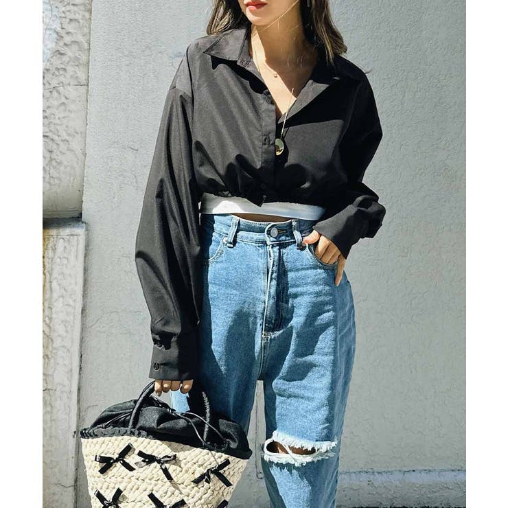 ブラック | ショートリボンシャツ esutoreja シャツ レディース トレンド | BUYSENSE