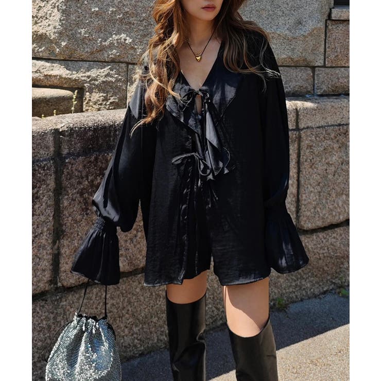 ブラック | ラッフルリボンブラウスesutoreja シャツ アウター | BUYSENSE