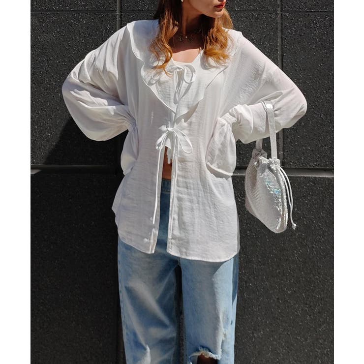 ホワイト | ラッフルリボンブラウスesutoreja シャツ アウター | BUYSENSE