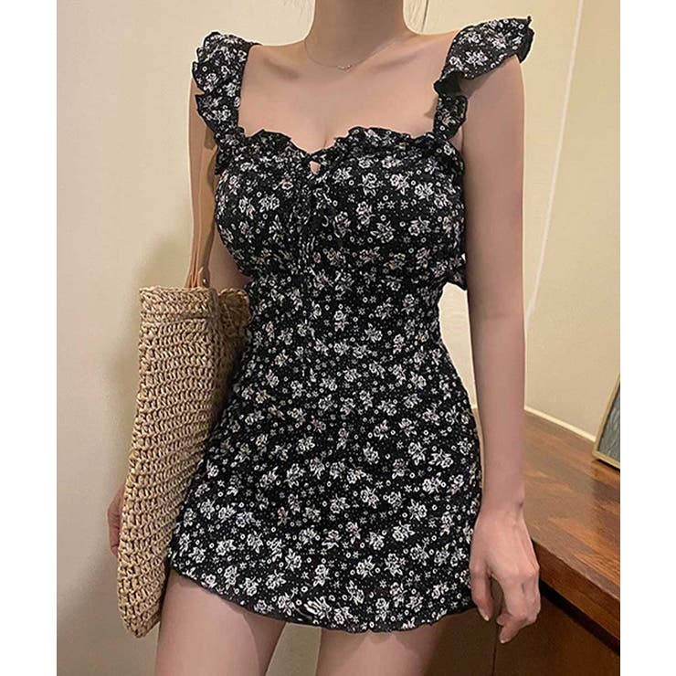 ブラック | フリルフラワーワンピースビキニ LAVIA ワンピースビキニ | BUYSENSE