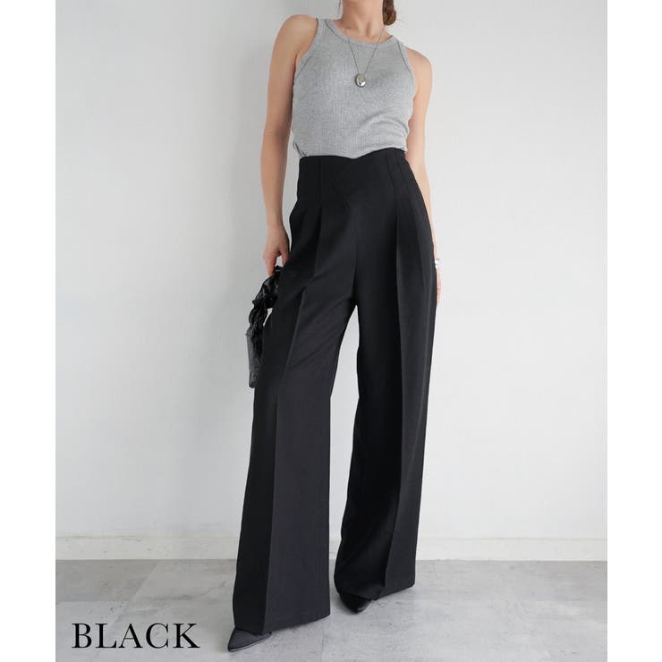 ブラック | ウエストデザインストレートパンツ Rashik ボトム | BUYSENSE