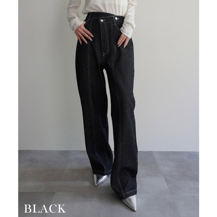 ブラック | ウエストアシンメトリーストレートデニム Rashik ボトム | BUYSENSE