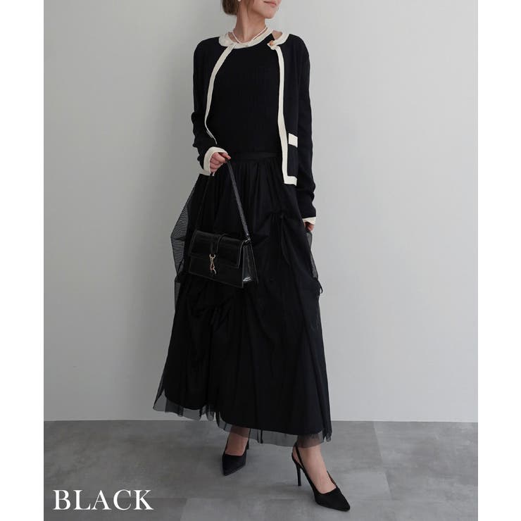 ブラック | 配色ニットアンサンブルRashik カーディガン 大人カジュアル | BUYSENSE