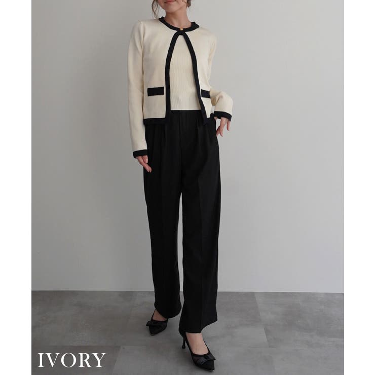 アイボリー | 配色ニットアンサンブルRashik カーディガン 大人カジュアル | BUYSENSE