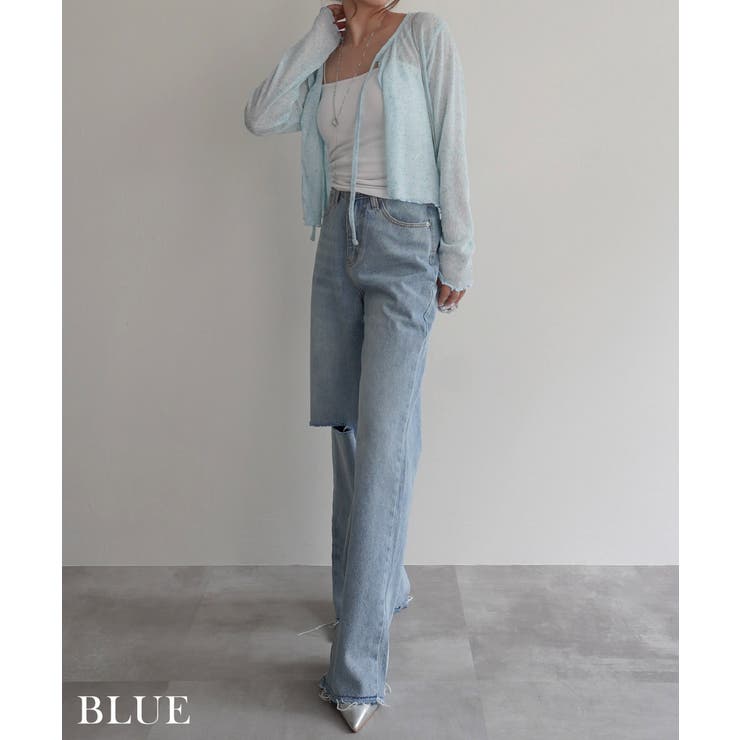 ブルー | フロントリボンメランジカーディガンRashik カーディガン 大人カジュアル | BUYSENSE