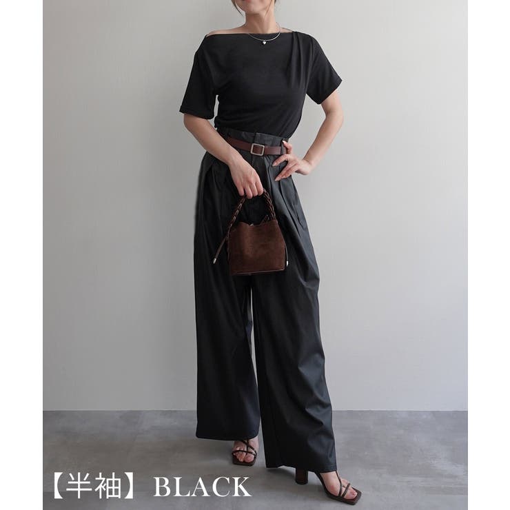 【半袖】ブラック | ボートネックトップス Rashik カットソー | BUYSENSE