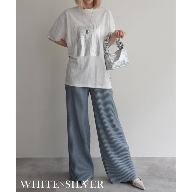 ホワイトシルバー | 箔プリント冷感TシャツRashik カットソー 大人カジュアル | BUYSENSE