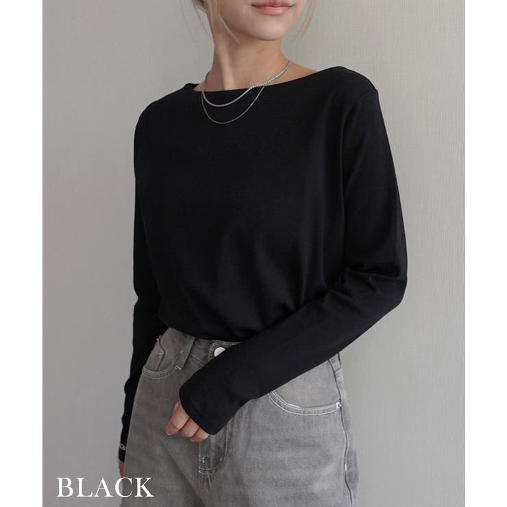 ブラック | コットンフライスボートネックトップスRashik カットソー 大人カジュアル | BUYSENSE