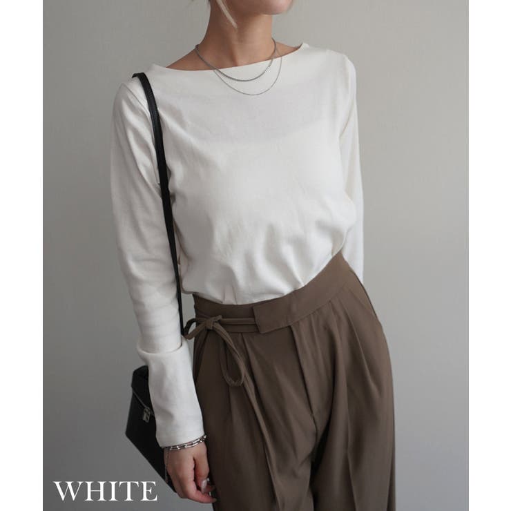 ホワイト | コットンフライスボートネックトップスRashik カットソー 大人カジュアル | BUYSENSE