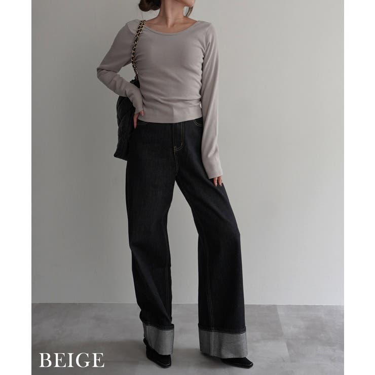 ベージュ | ディープラウンドネックトップスRashik カットソー 大人カジュアル | BUYSENSE