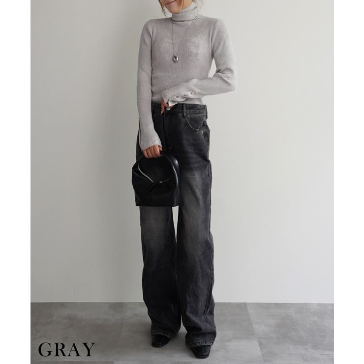 グレー | スリーブボタンタートルニットRashik ニット 大人カジュアル | BUYSENSE