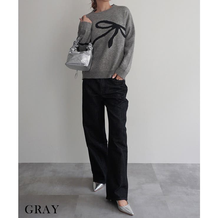 グレー | リボンニットRashik ニット 大人カジュアル スタイルアップ レディース | BUYSENSE