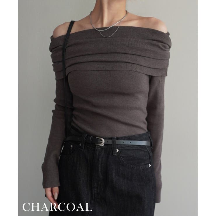 チャコール | オフショルダーギャザーニット Rashik ニット | BUYSENSE