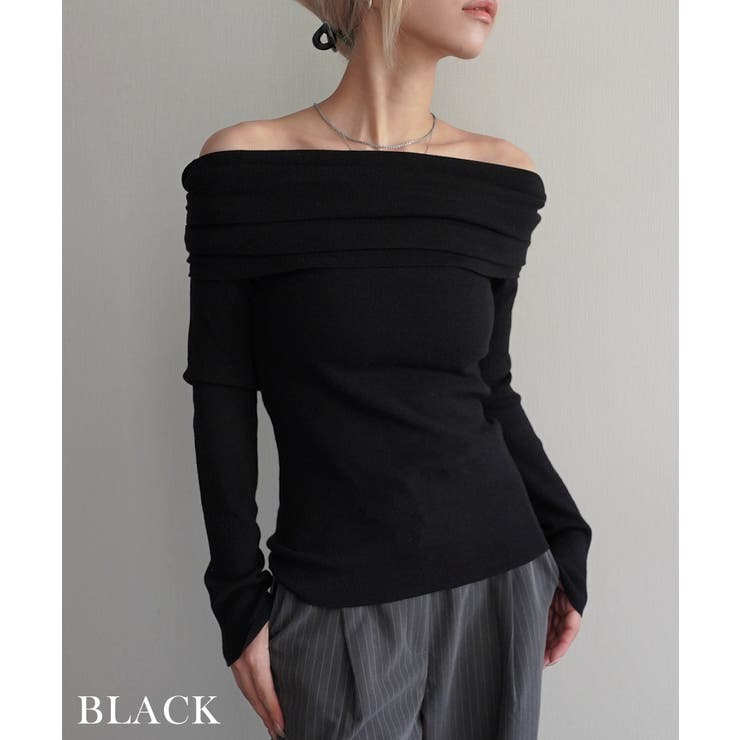 ブラック | オフショルダーギャザーニット Rashik ニット | BUYSENSE