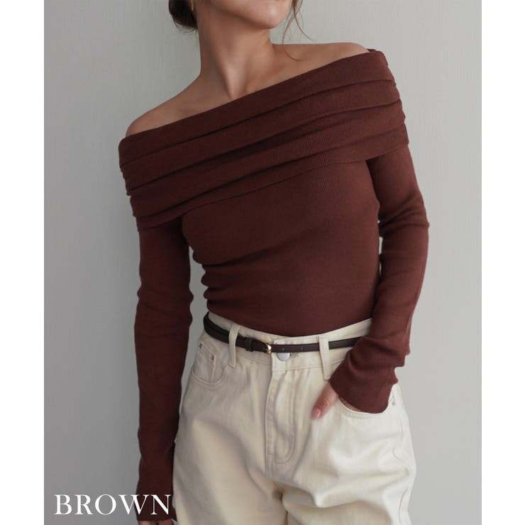 ブラウン | オフショルダーギャザーニット Rashik ニット | BUYSENSE
