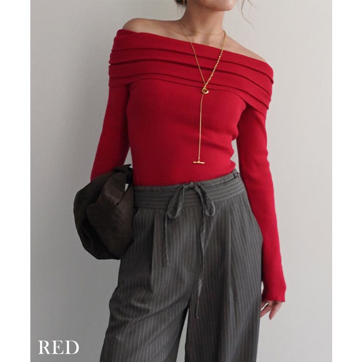 レッド | オフショルダーギャザーニット Rashik ニット | BUYSENSE