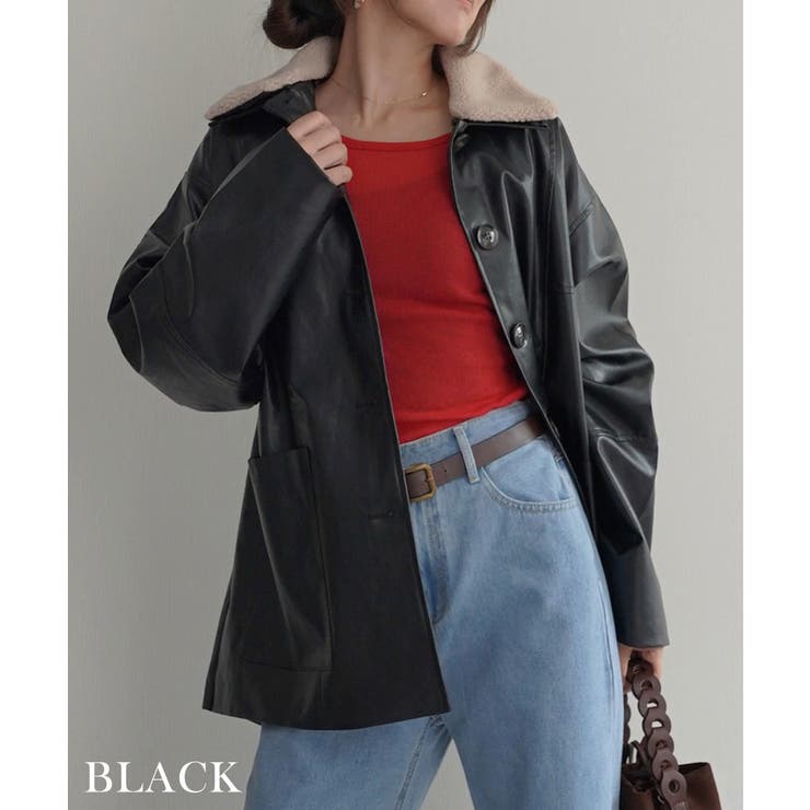 ブラック | ボア襟付きフェイクレザーカバーオール Rashik アウター | BUYSENSE