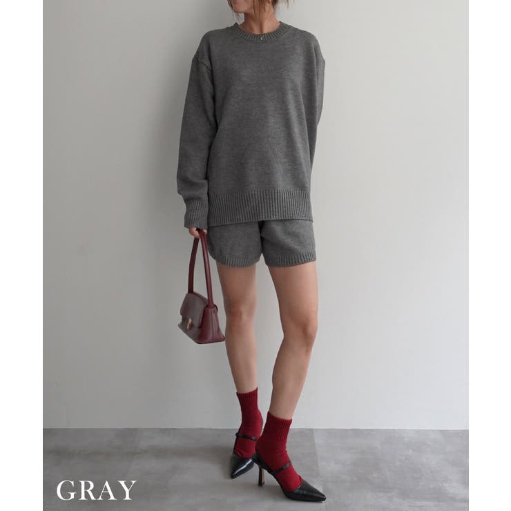 グレー | ニットショートパンツセットアップRashik セットアップ 大人カジュアル | BUYSENSE