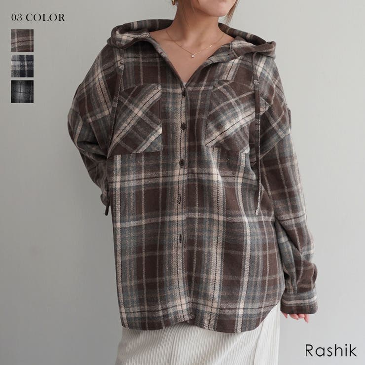 起毛チェックフードビッグシャツRashik シャツ 大人カジュアル | BUYSENSE | 詳細画像1 