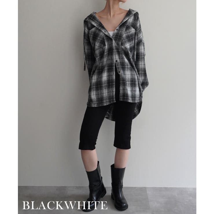 ブラックホワイト | 起毛チェックフードビッグシャツRashik シャツ 大人カジュアル | BUYSENSE