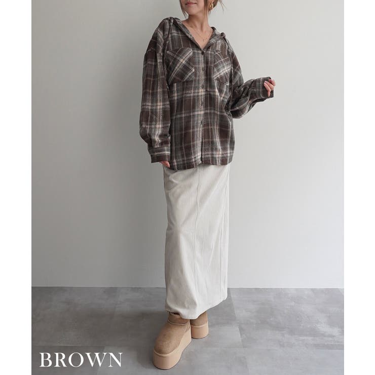 ブラウン | 起毛チェックフードビッグシャツRashik シャツ 大人カジュアル | BUYSENSE