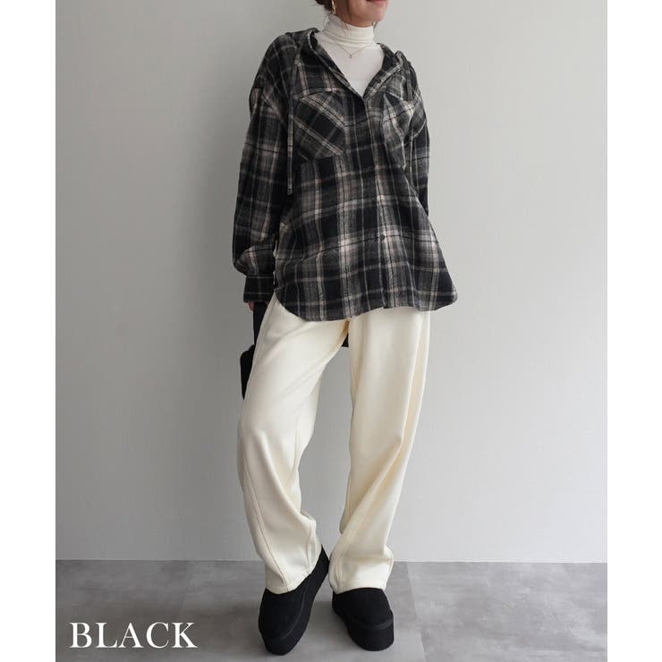 ブラック | 起毛チェックフードビッグシャツRashik シャツ 大人カジュアル | BUYSENSE