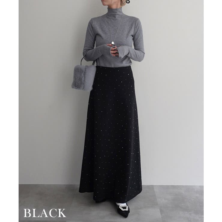 ブラック | ラインストーンフレアスカートRashik スカート 大人カジュアル | BUYSENSE