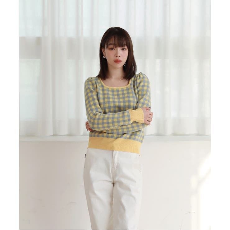 四角チェックライニングポイントニットTシャツ | by muni:r | 詳細画像3 