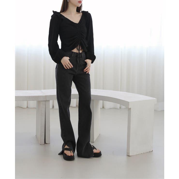 涼しいシアサッカー素材の肩フリルシャーリングブラウス | by muni:r | 詳細画像15 