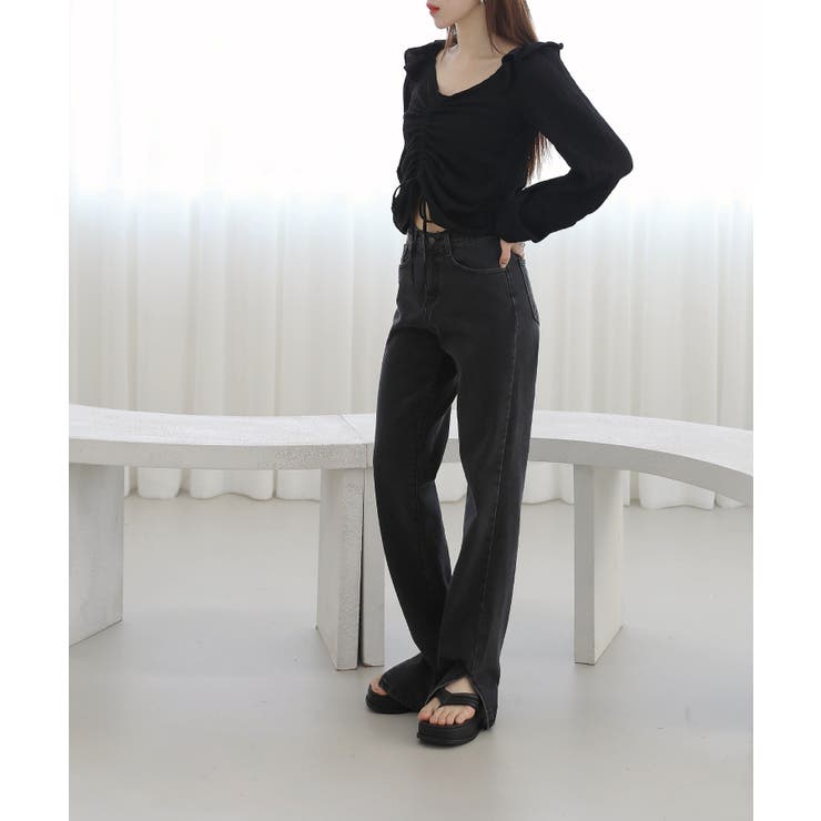 涼しいシアサッカー素材の肩フリルシャーリングブラウス | by muni:r | 詳細画像16 