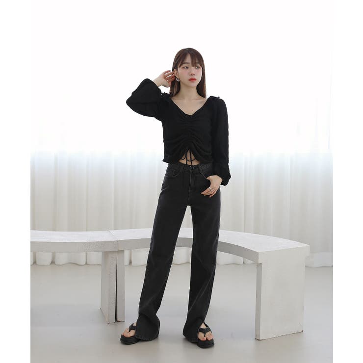 涼しいシアサッカー素材の肩フリルシャーリングブラウス | by muni:r | 詳細画像18 