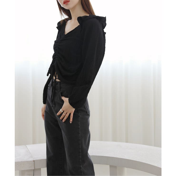 涼しいシアサッカー素材の肩フリルシャーリングブラウス | by muni:r | 詳細画像19 