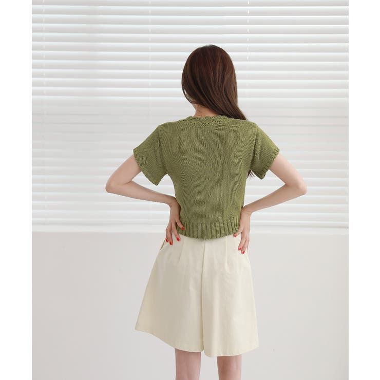 レースパンチングVネック半袖クロップドニットカーディガン | by muni:r | 詳細画像1