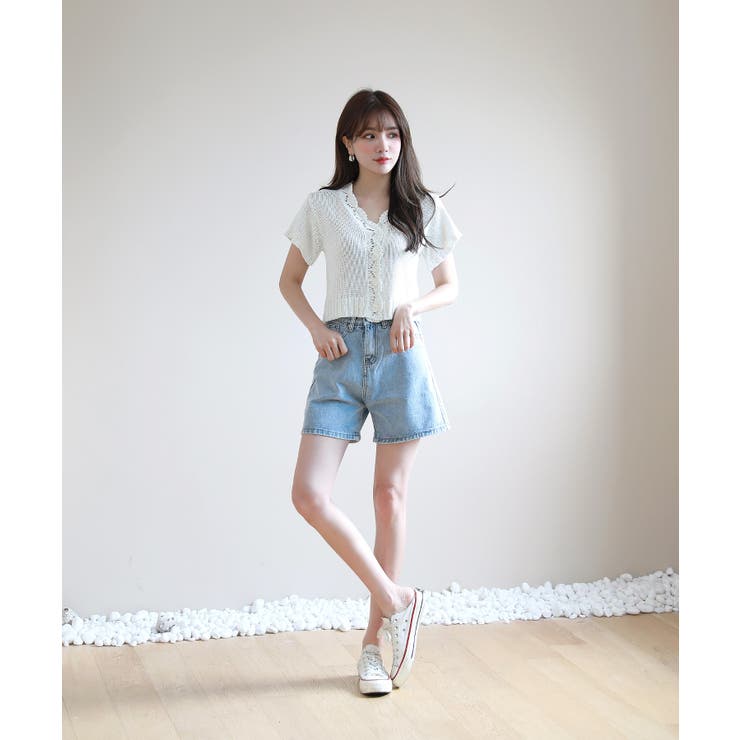 レースパンチングVネック半袖クロップドニットカーディガン | by muni:r | 詳細画像10