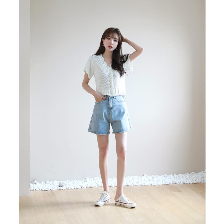 レースパンチングVネック半袖クロップドニットカーディガン | by muni:r | 詳細画像13