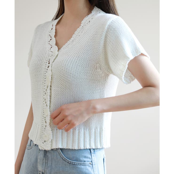 レースパンチングVネック半袖クロップドニットカーディガン | by muni:r | 詳細画像15