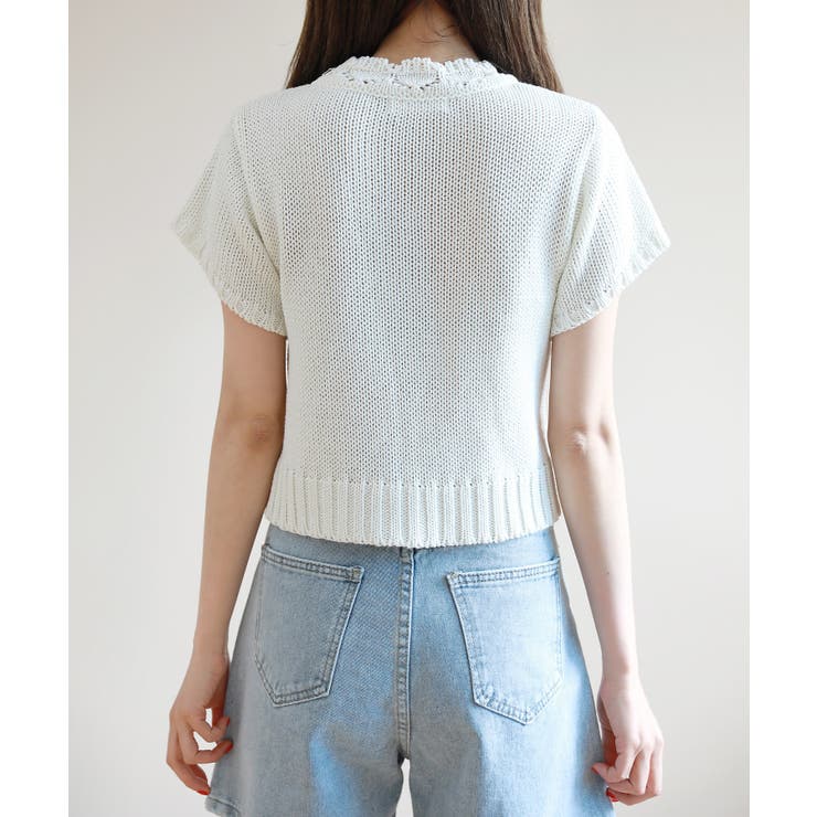 レースパンチングVネック半袖クロップドニットカーディガン | by muni:r | 詳細画像16