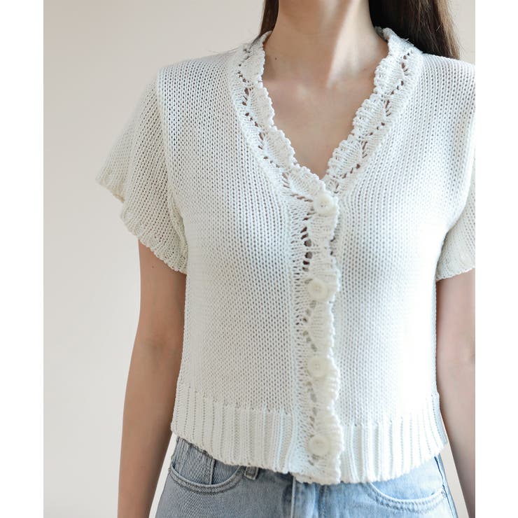 レースパンチングVネック半袖クロップドニットカーディガン | by muni:r | 詳細画像17