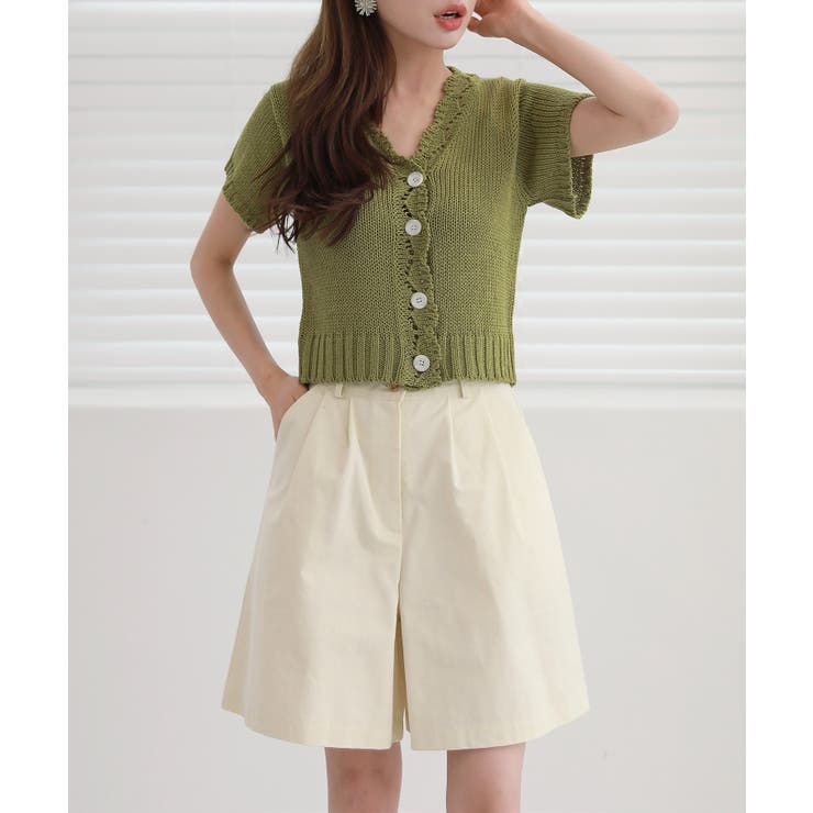 レースパンチングVネック半袖クロップドニットカーディガン | by muni:r | 詳細画像2