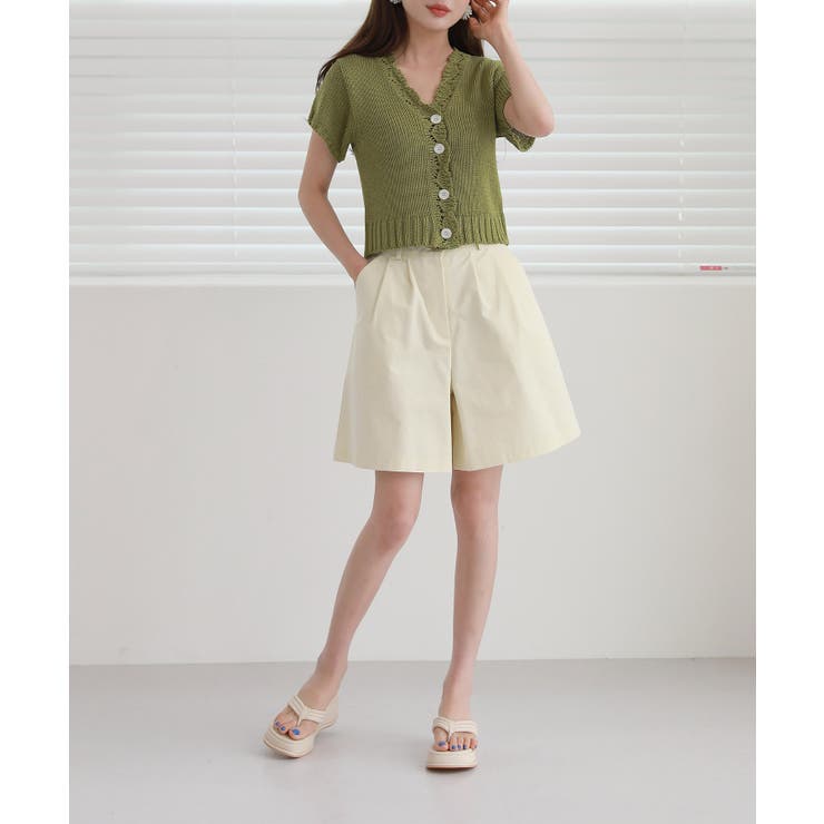 レースパンチングVネック半袖クロップドニットカーディガン | by muni:r | 詳細画像3