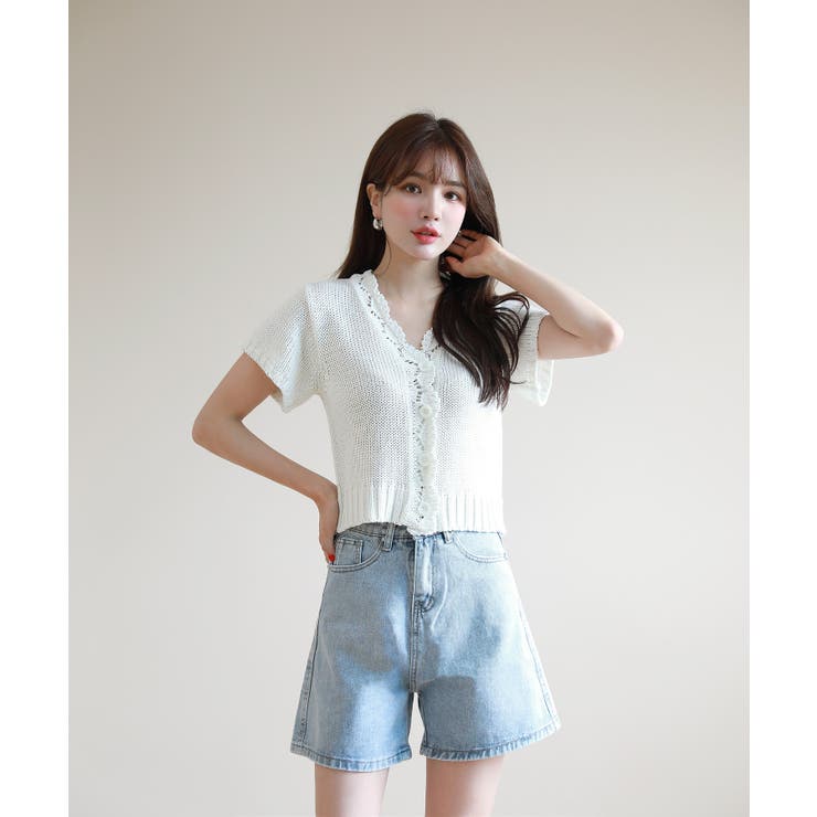 レースパンチングVネック半袖クロップドニットカーディガン | by muni:r | 詳細画像7