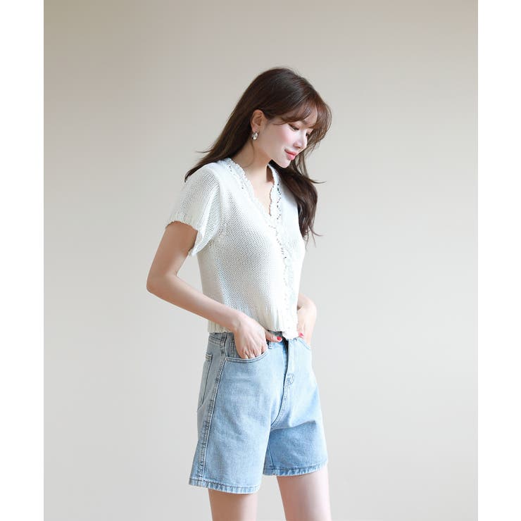 レースパンチングVネック半袖クロップドニットカーディガン | by muni:r | 詳細画像8