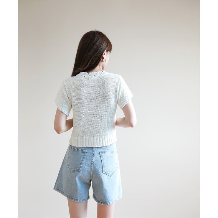 レースパンチングVネック半袖クロップドニットカーディガン | by muni:r | 詳細画像9